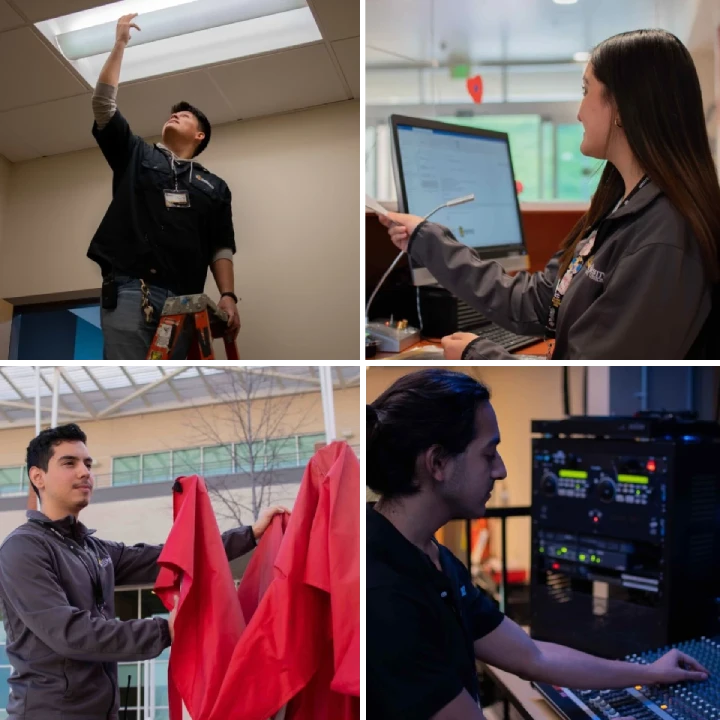 Operations collage showing maintenance, clerical support, building services, and media services