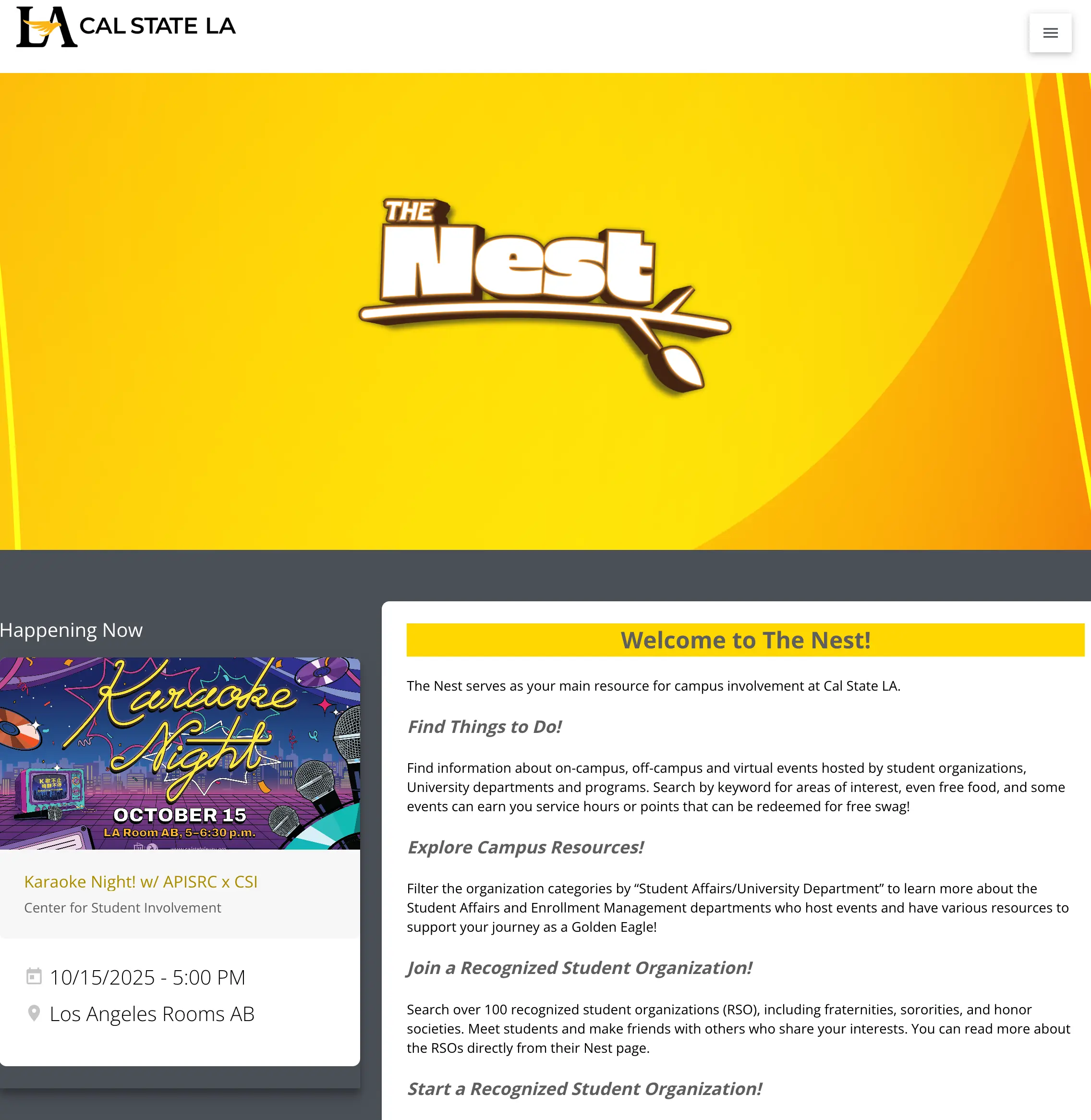 screenshot of The Nest homepage
